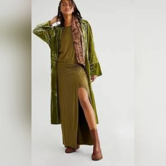 Free People Olive Asyssa Long Sleeve Jersey Maxi Wrap Dress Size Large - Picture 3 of 16